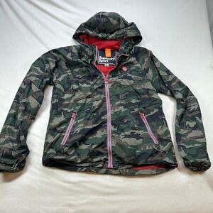 Superdry Sport Camo Hooded Windbreaker Jacket 90's Gen-Z Green Red Zip Size L